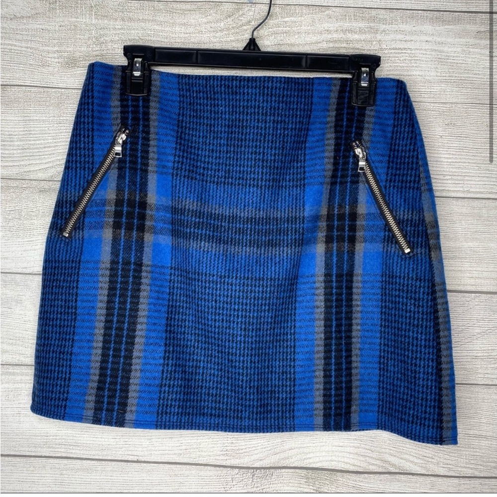 GAP Blue Gray Plaid Wool Mini Skirt